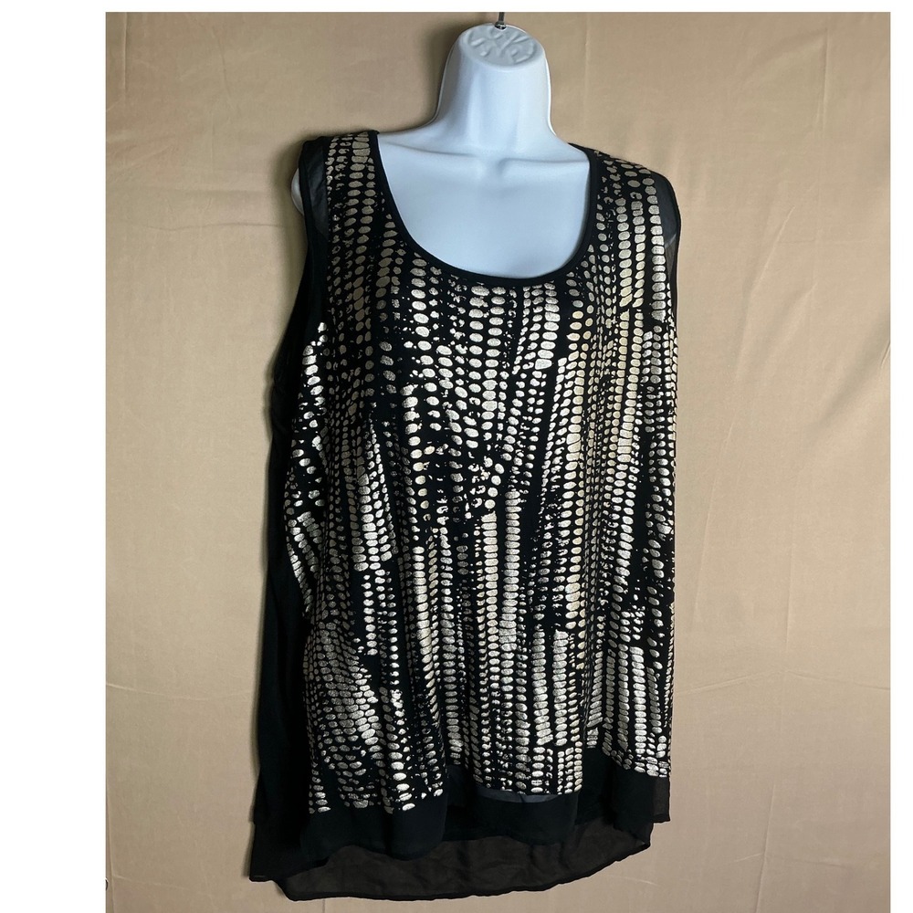 ANA A New Approach Woman 3X Tank Top Black Silver Metallic Foil Dot‎ Chiffon Hem